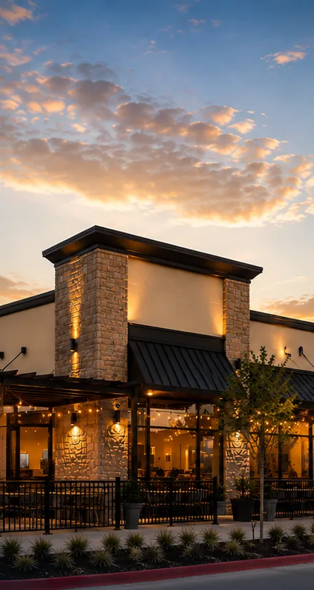 A restaurant patio at dusk