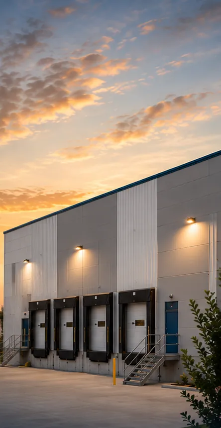 A warehouse loading dock at dusk