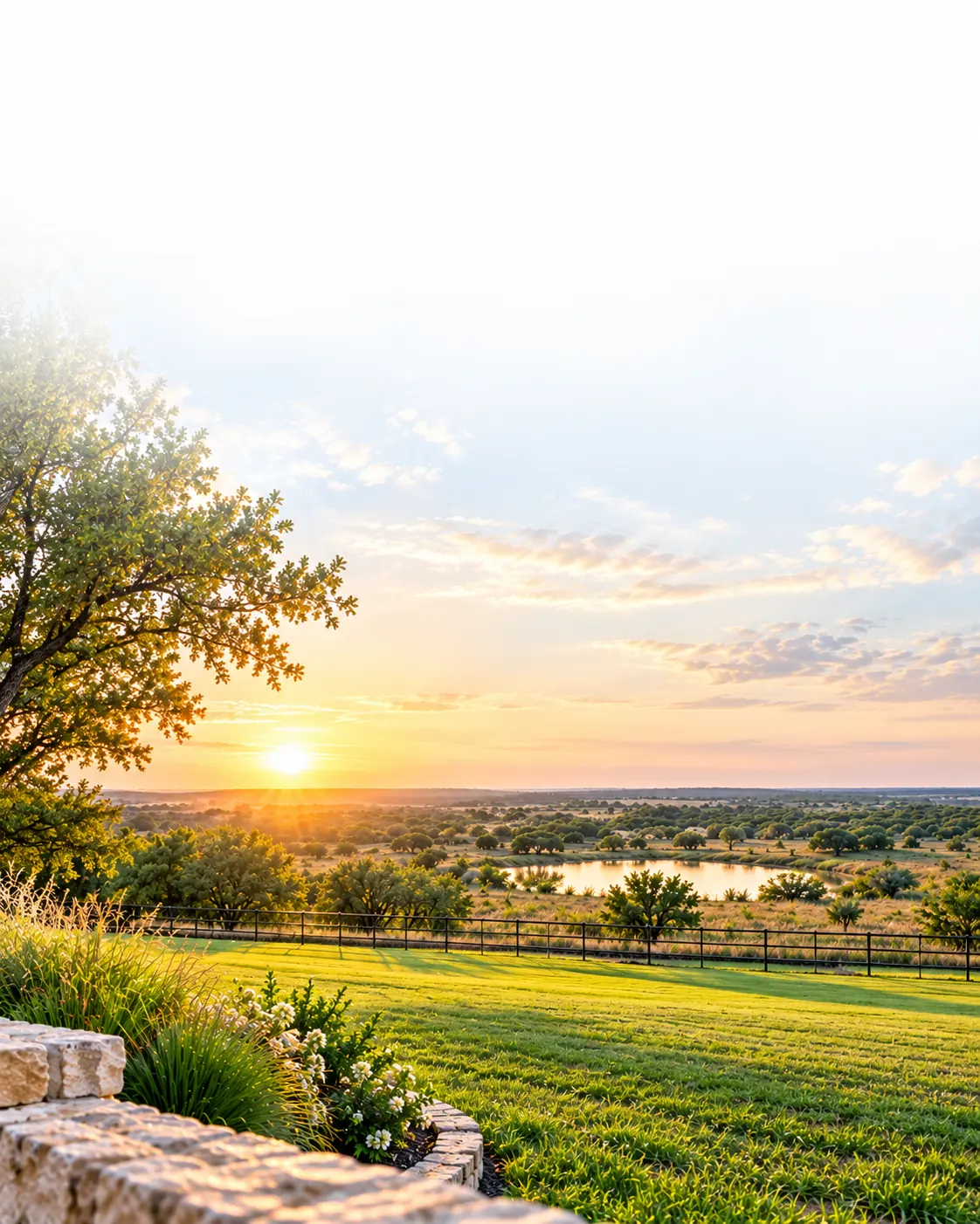 A South Texas lawn overlooking a pond at sunset